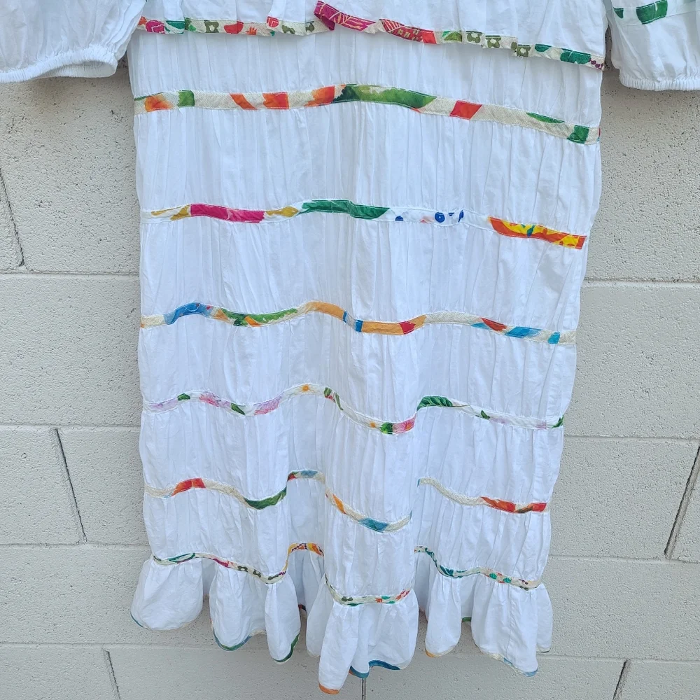 Farm Rio | Mixed Off-White Prints Midi Tiered Dress White Rainbow Size Large - Picture 10 of 14